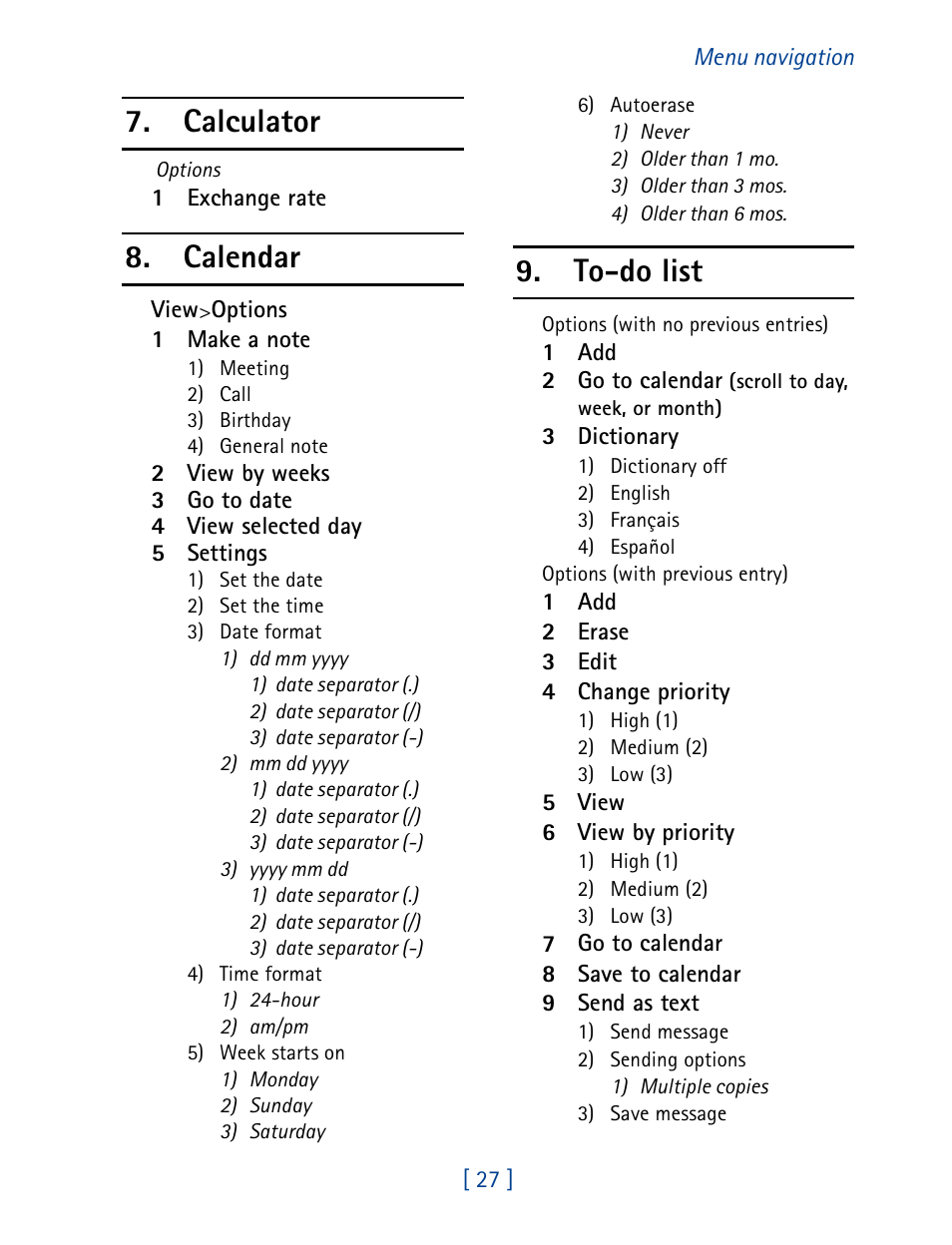 Calculator 8. calendar 9. to-do list | Nokia 7190 User Manual | Page 35 / 144