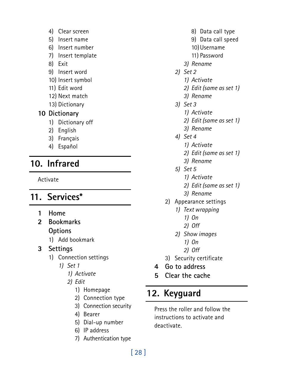 Infrared 11. services* 12. keyguard | Nokia 7190 User Manual | Page 36 / 144