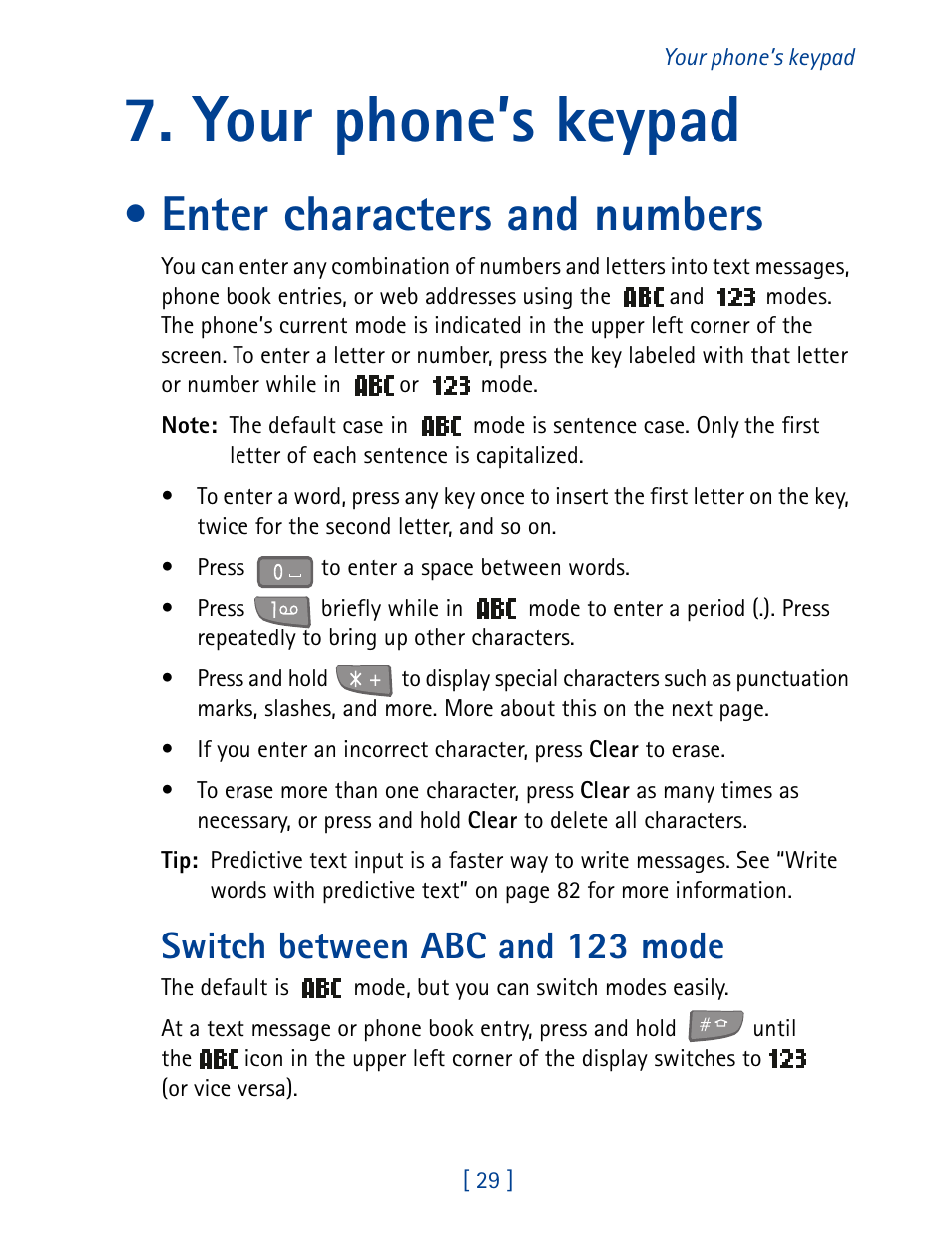 Your phone’s keypad, Enter characters and numbers, Switch between abc and 123 mode | Nokia 7190 User Manual | Page 37 / 144