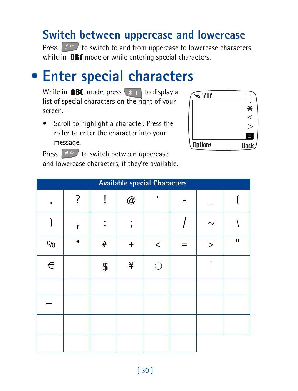 Enter special characters, Switch between uppercase and lowercase, Мн о п | Nokia 7190 User Manual | Page 38 / 144