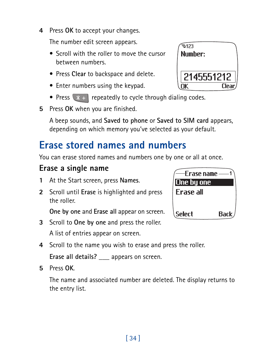 Erase stored names and numbers, Erase a single name | Nokia 7190 User Manual | Page 42 / 144