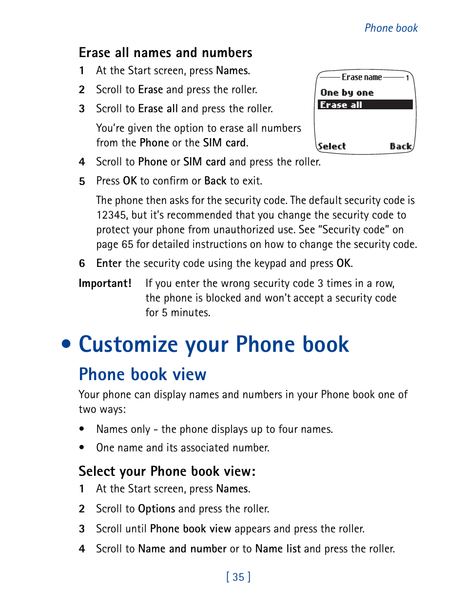Customize your phone book, Phone book view, Erase all names and numbers | Select your phone book view | Nokia 7190 User Manual | Page 43 / 144
