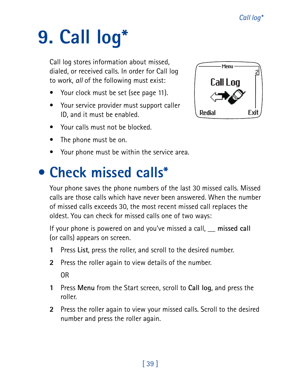 Call log, Check missed calls | Nokia 7190 User Manual | Page 47 / 144