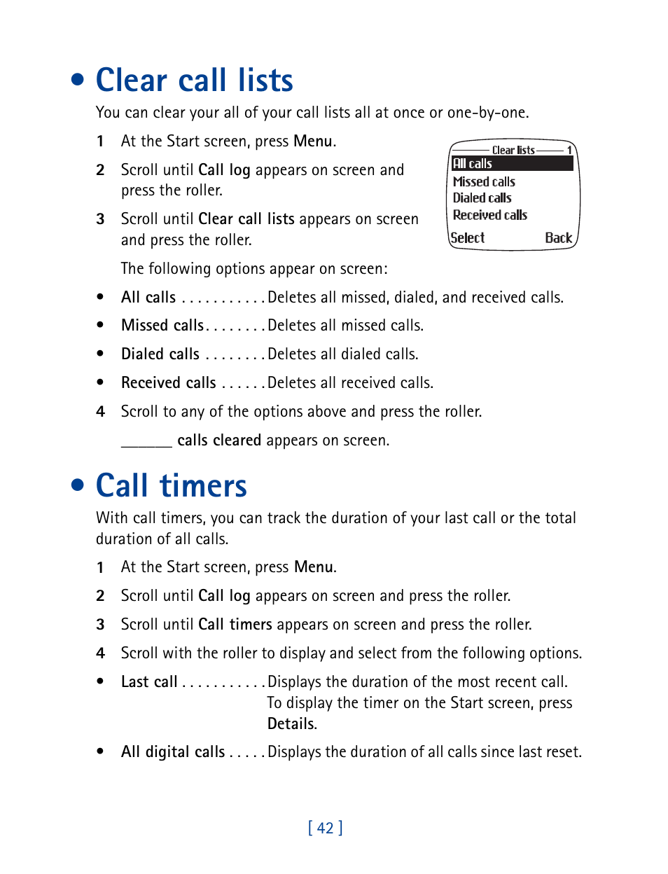 Clear call lists, Call timers, Clear call lists call timers | Nokia 7190 User Manual | Page 50 / 144