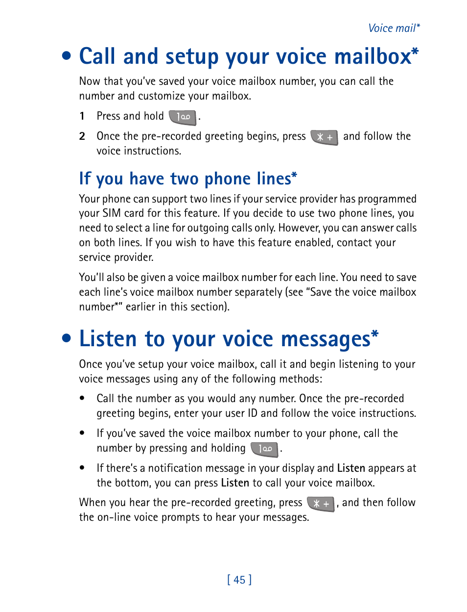 Call and setup your voice mailbox, Listen to your voice messages, If you have two phone lines | Nokia 7190 User Manual | Page 53 / 144