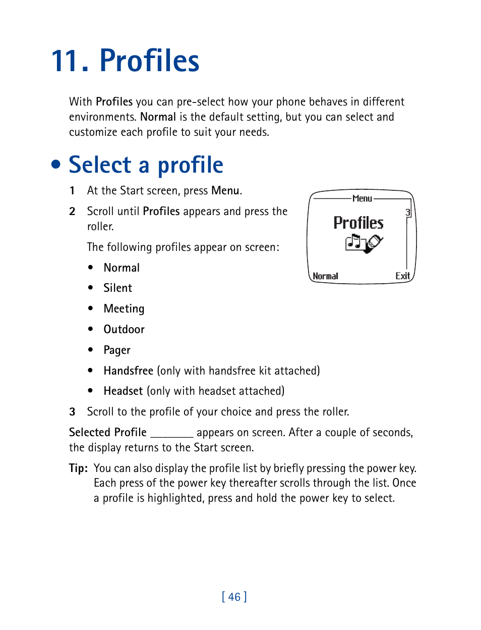 Profiles, Select a profile | Nokia 7190 User Manual | Page 54 / 144