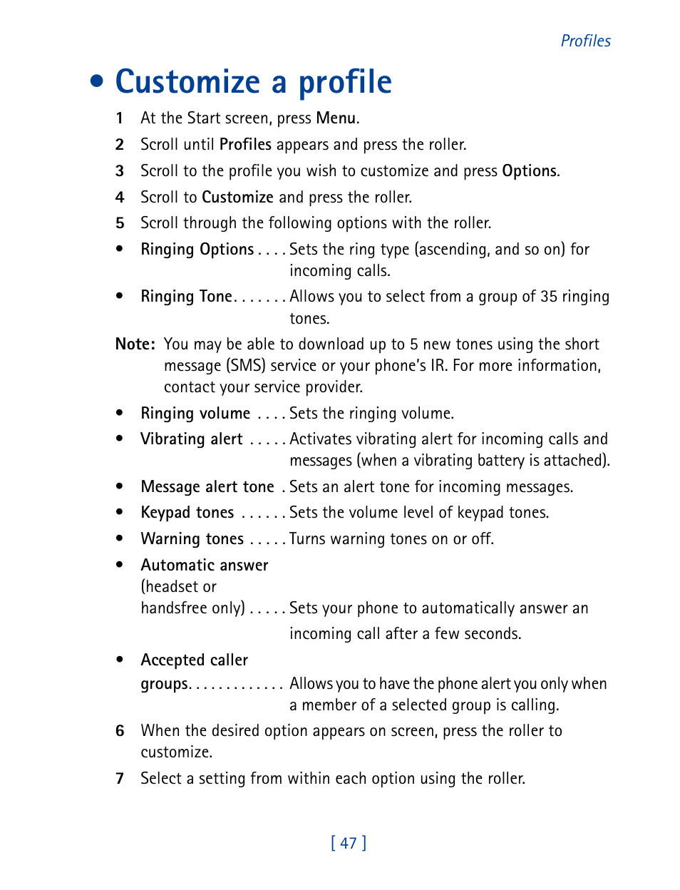 Customize a profile | Nokia 7190 User Manual | Page 55 / 144