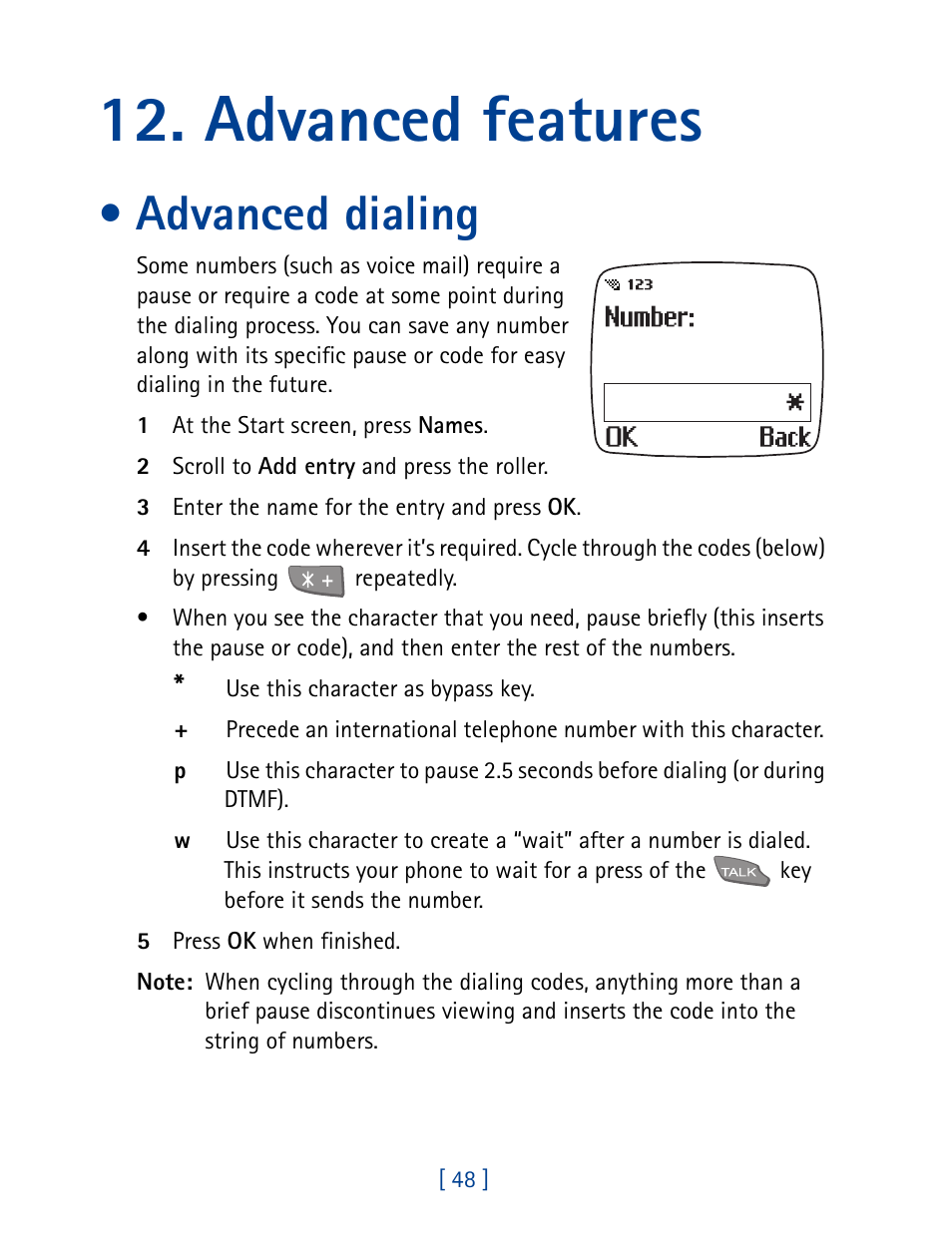 Advanced features, Advanced dialing | Nokia 7190 User Manual | Page 56 / 144