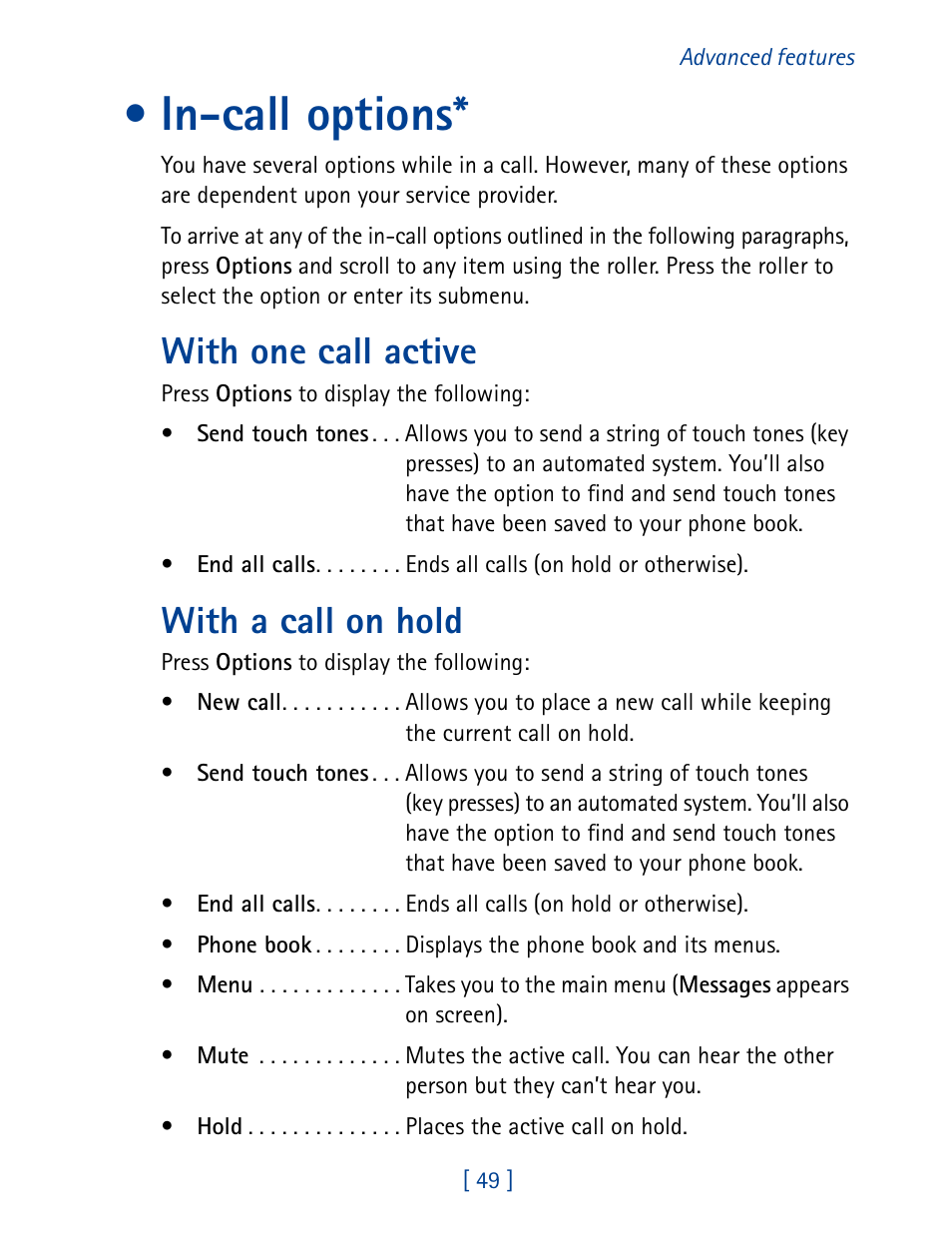 In-call options, With one call active, With a call on hold | Nokia 7190 User Manual | Page 57 / 144