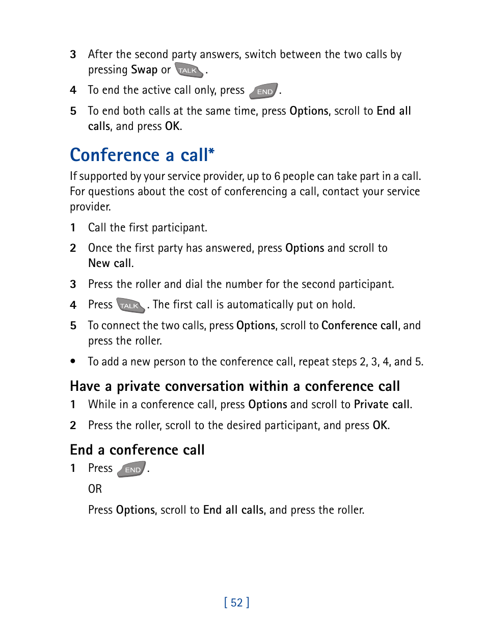 Conference a call, End a conference call | Nokia 7190 User Manual | Page 60 / 144