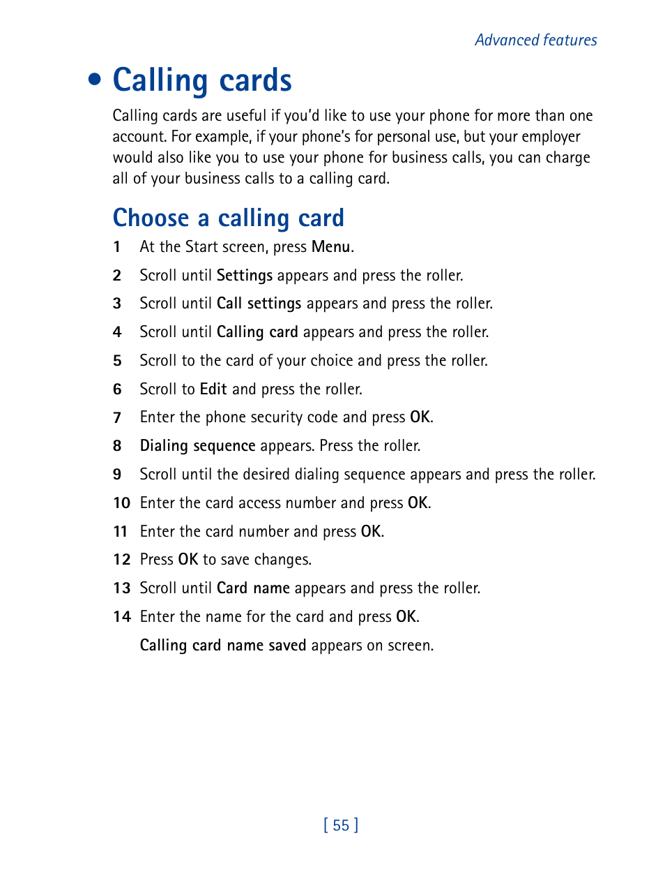 Calling cards, Choose a calling card | Nokia 7190 User Manual | Page 63 / 144