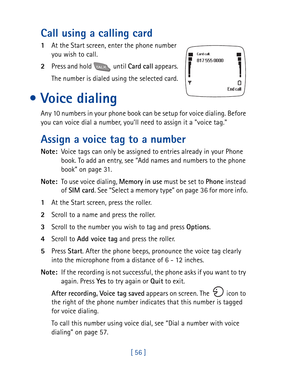 Voice dialing, Call using a calling card, Assign a voice tag to a number | Nokia 7190 User Manual | Page 64 / 144
