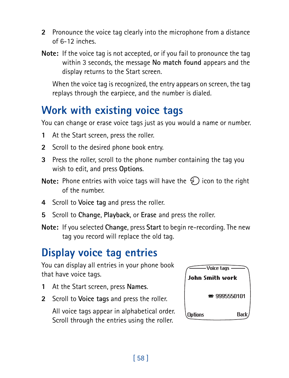 Work with existing voice tags, Display voice tag entries | Nokia 7190 User Manual | Page 66 / 144