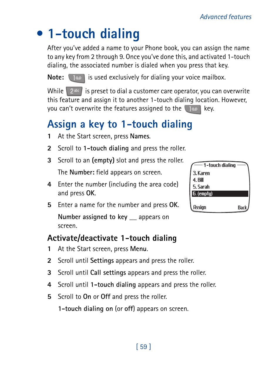 Touch dialing, Organize messages with folders, Assign a key to 1-touch dialing | Activate/deactivate 1-touch dialing | Nokia 7190 User Manual | Page 67 / 144