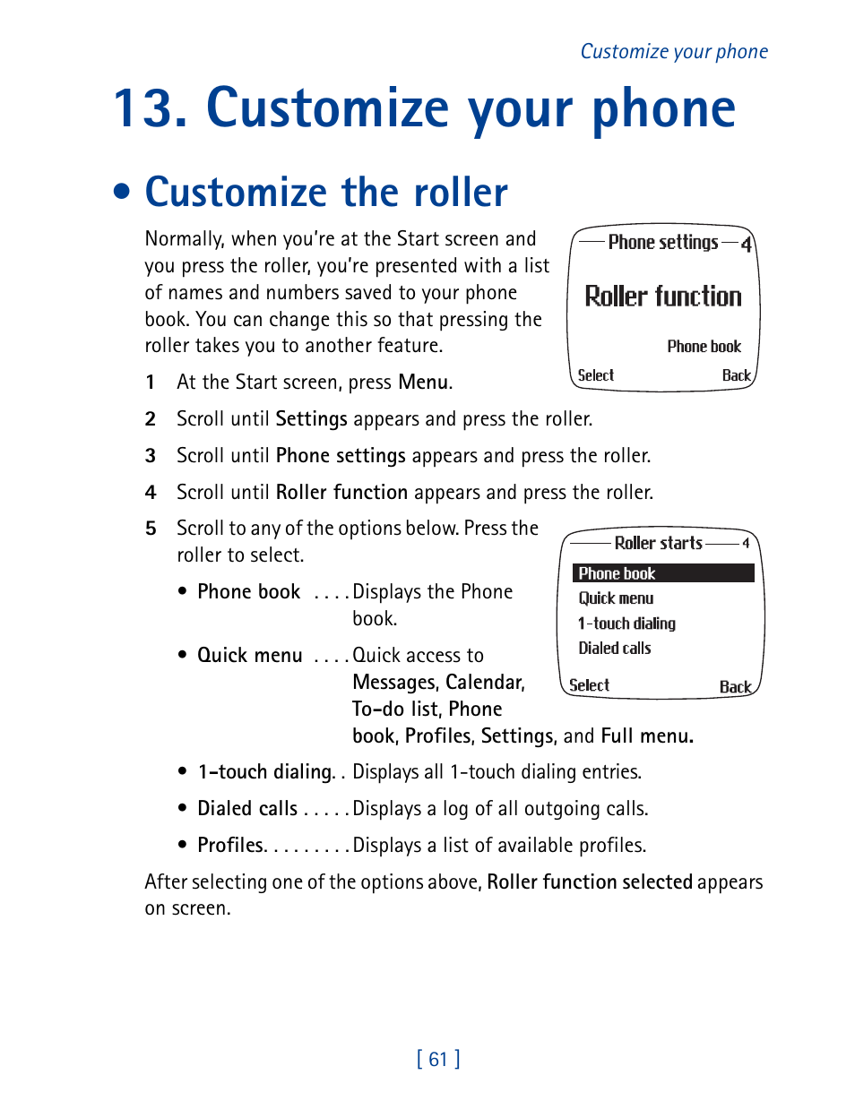 Customize your phone, Customize the roller | Nokia 7190 User Manual | Page 69 / 144