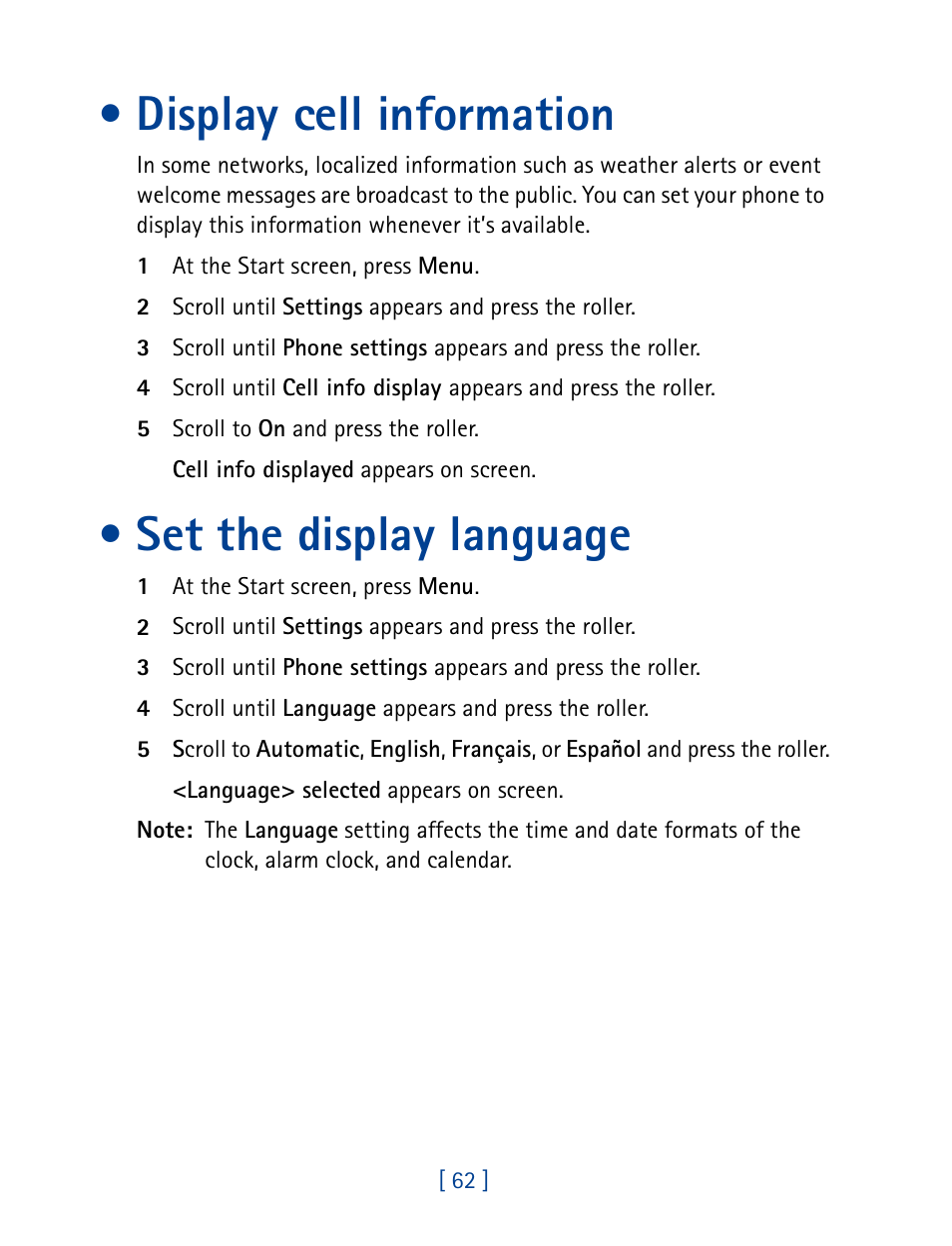 Display cell information, Set the display language, Display cell information set the display language | Nokia 7190 User Manual | Page 70 / 144