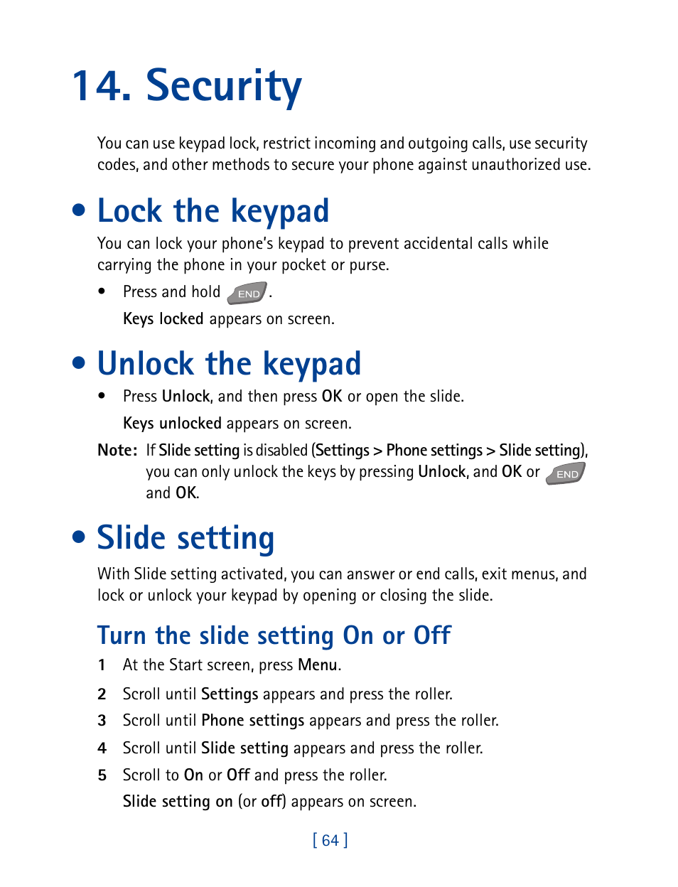 Security, Lock the keypad, Unlock the keypad | Slide setting, Lock the keypad unlock the keypad slide setting, Turn the slide setting on or off | Nokia 7190 User Manual | Page 72 / 144