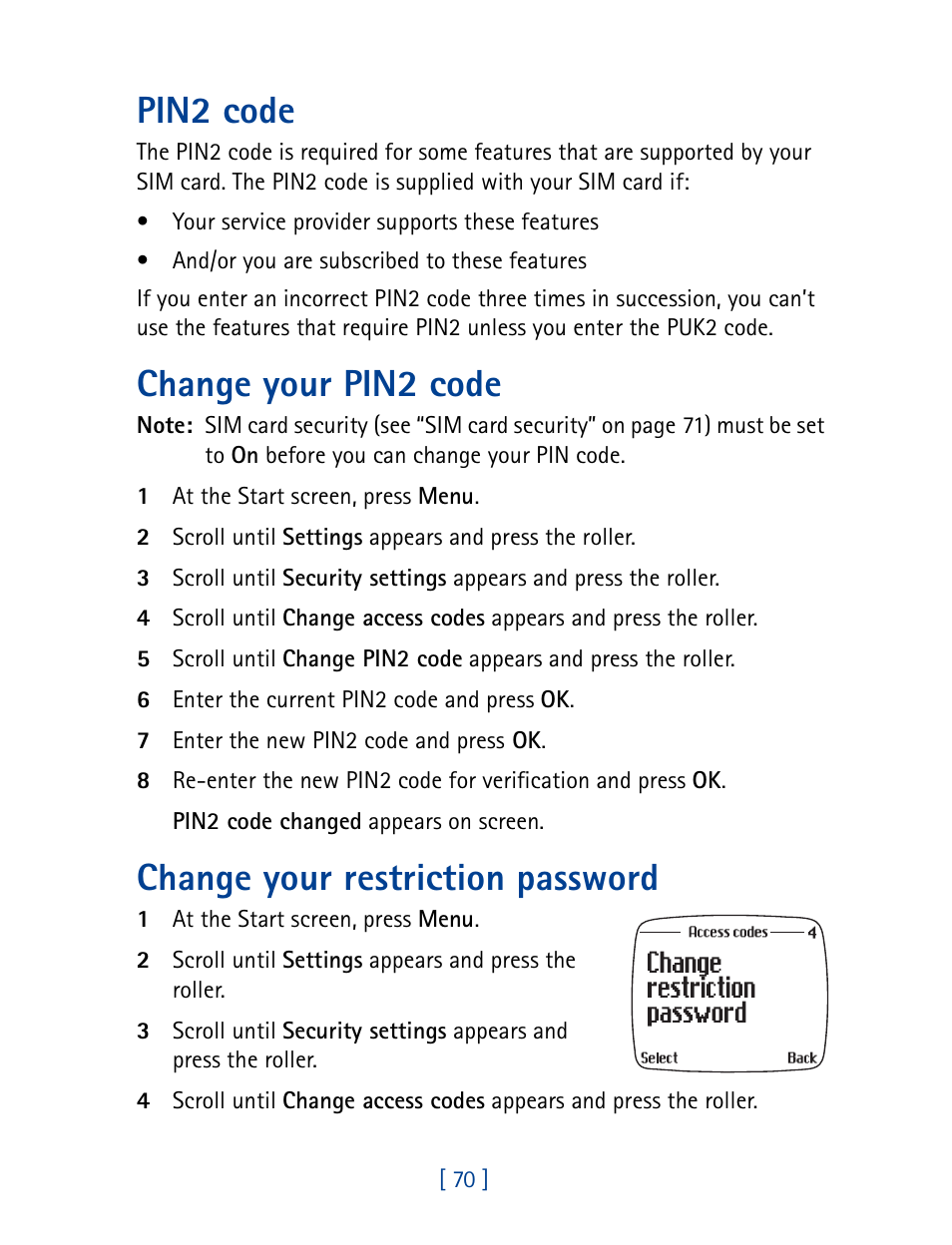 Pin2 code, Change your pin2 code, Change your restriction password | Nokia 7190 User Manual | Page 78 / 144