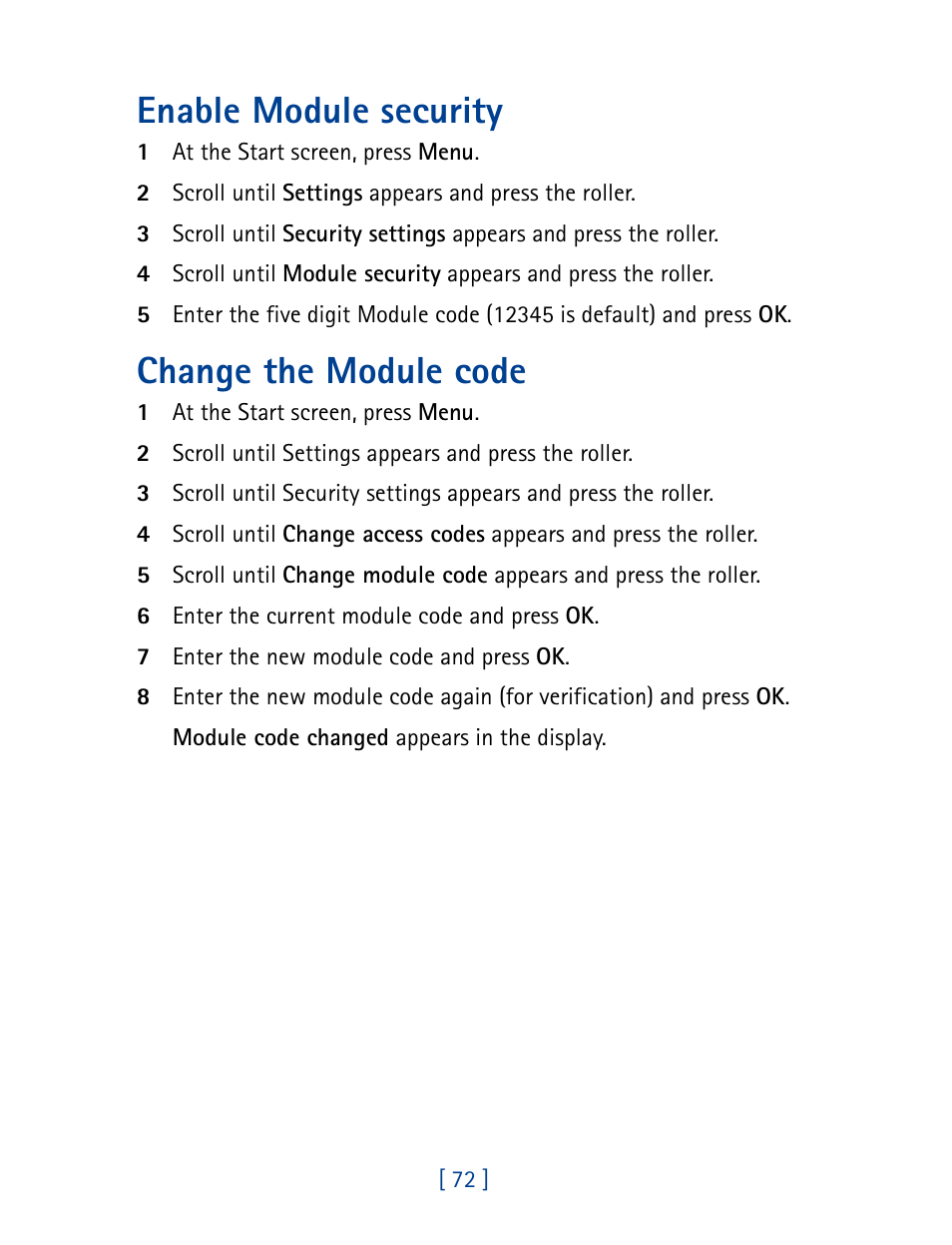 Enable module security, Change the module code | Nokia 7190 User Manual | Page 80 / 144