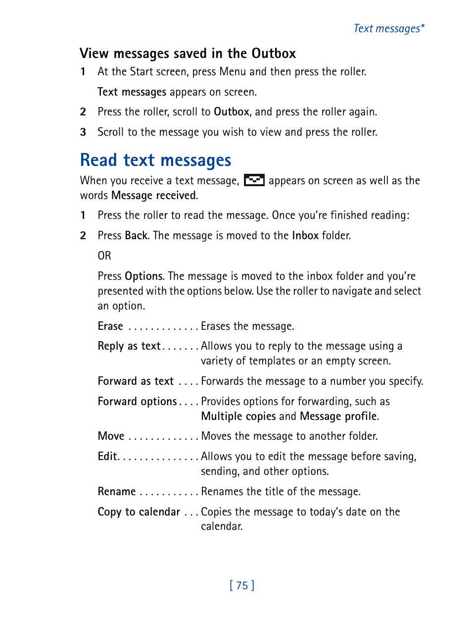 Read text messages, View messages saved in the outbox | Nokia 7190 User Manual | Page 83 / 144