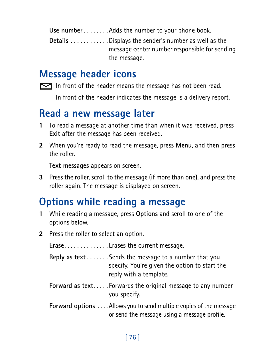 Message header icons, Read a new message later, Options while reading a message | Nokia 7190 User Manual | Page 84 / 144