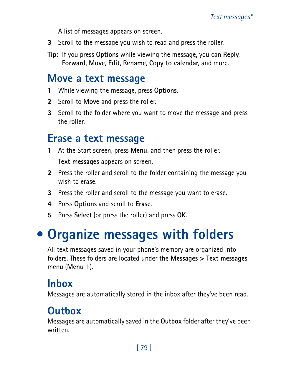 Organize messages with folders, Move a text message, Erase a text message | Inbox, Outbox | Nokia 7190 User Manual | Page 87 / 144
