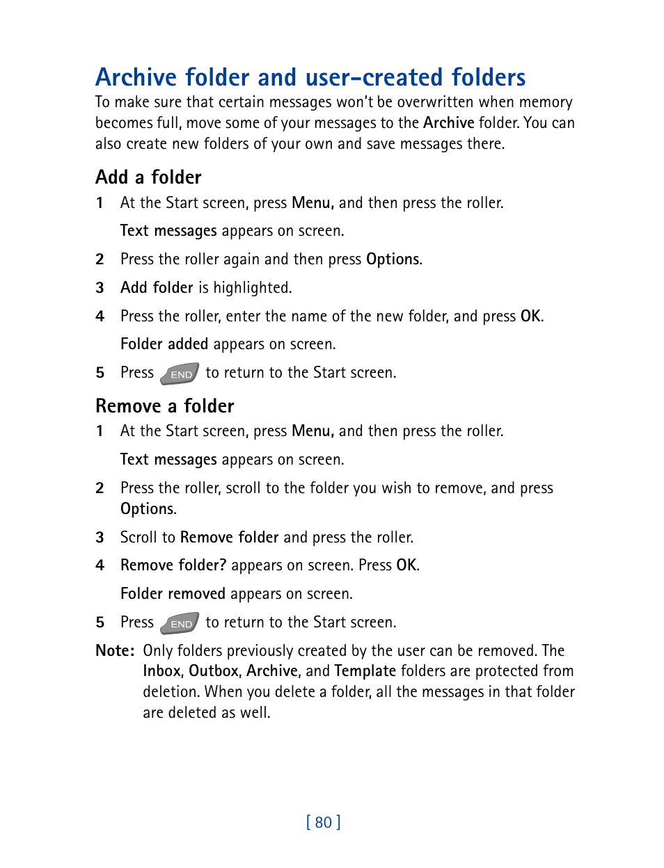 Archive folder and user-created folders, Add a folder, Remove a folder | Nokia 7190 User Manual | Page 88 / 144