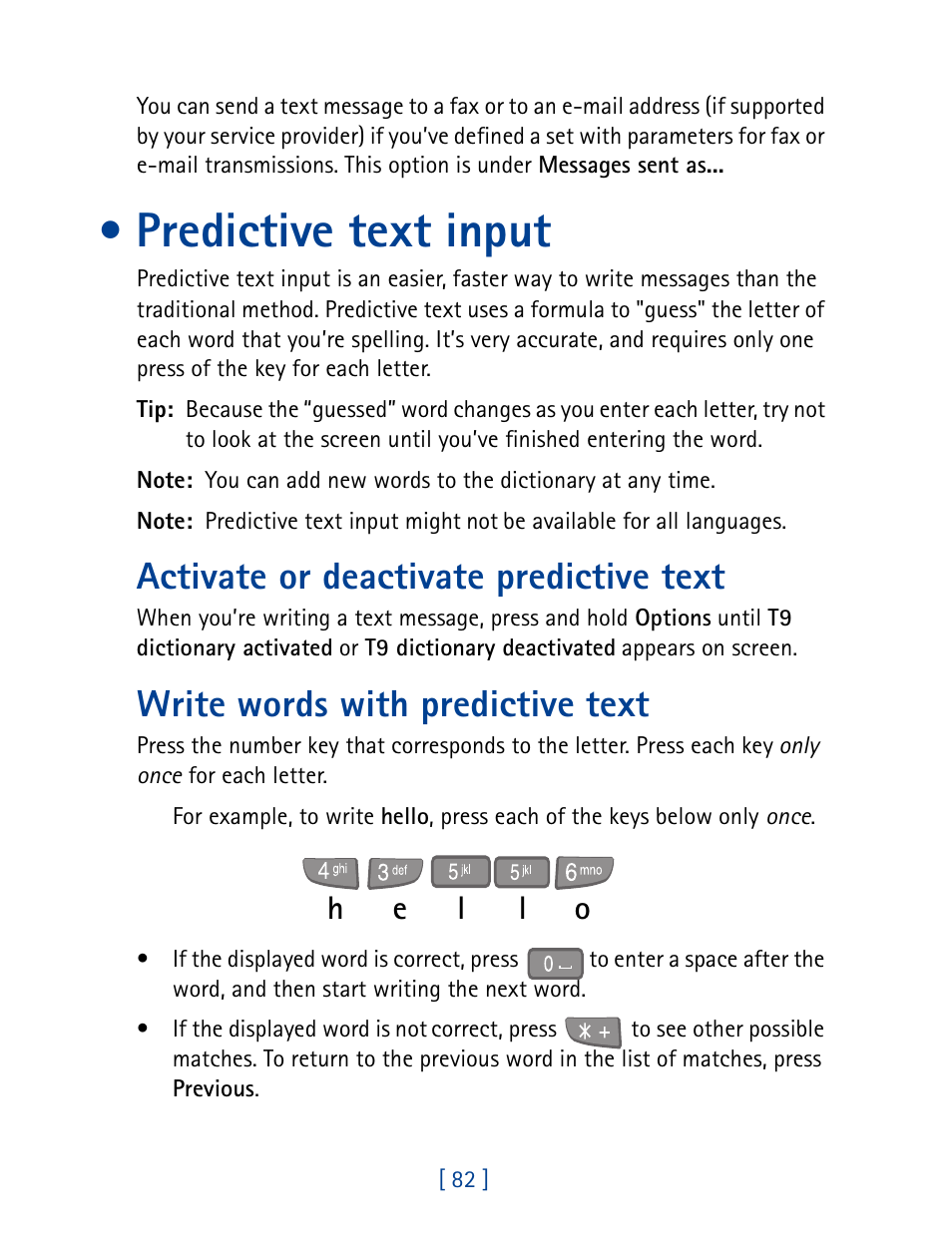 Predictive text input, Activate or deactivate predictive text, Write words with predictive text | He l l o | Nokia 7190 User Manual | Page 90 / 144