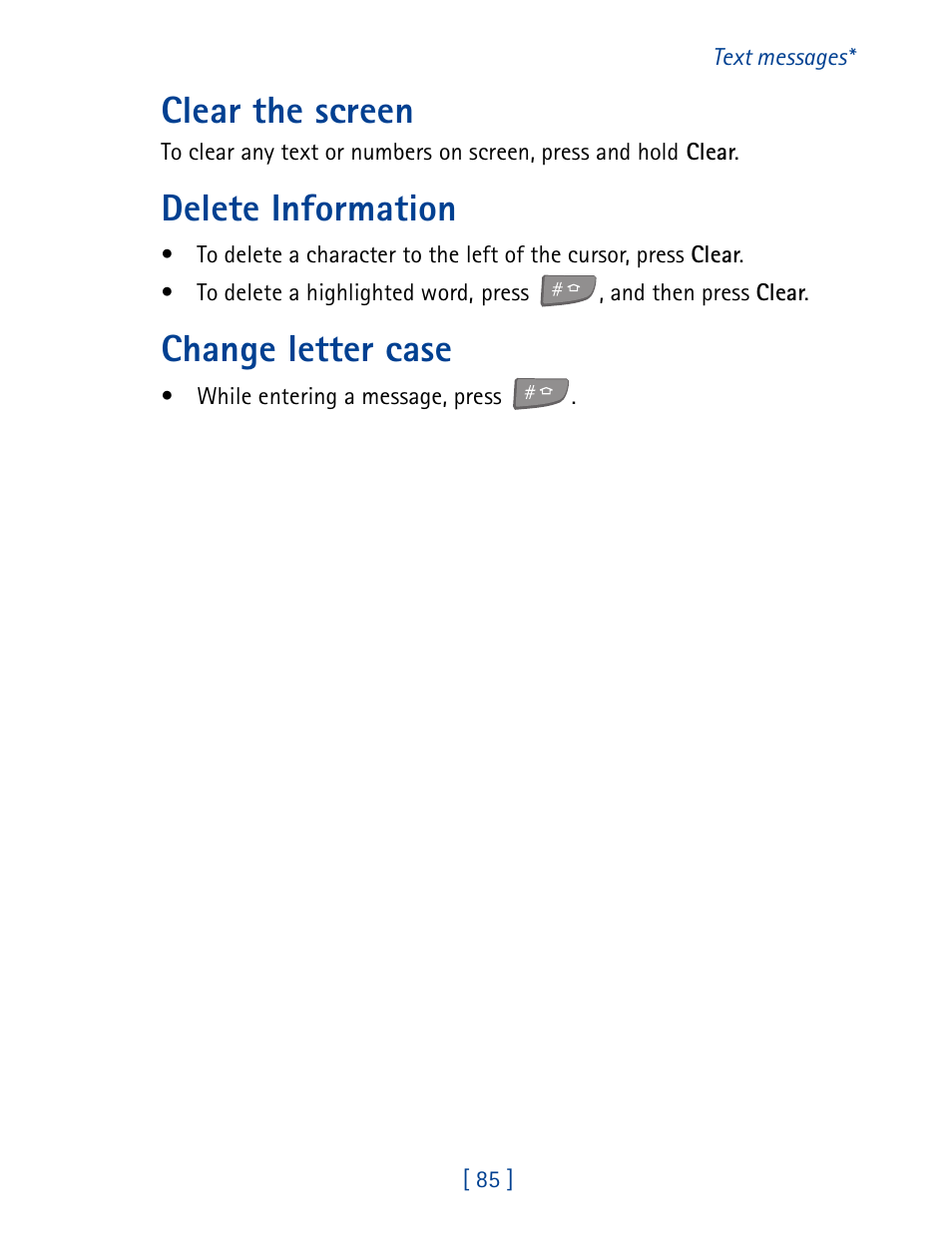 Clear the screen, Delete information, Change letter case | Nokia 7190 User Manual | Page 93 / 144