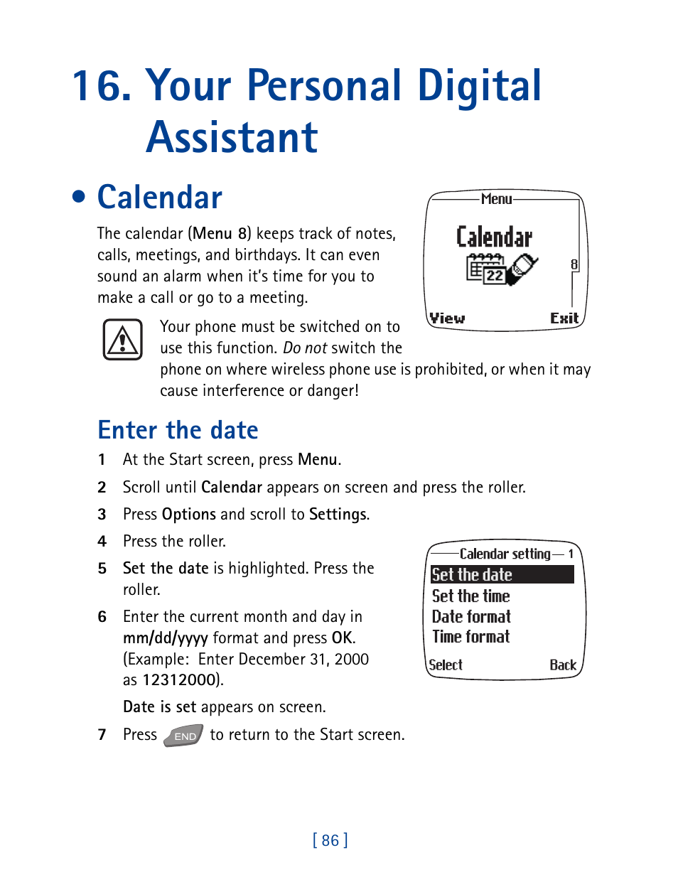 Your personal digital assistant, Calendar, Enter the date | Nokia 7190 User Manual | Page 94 / 144