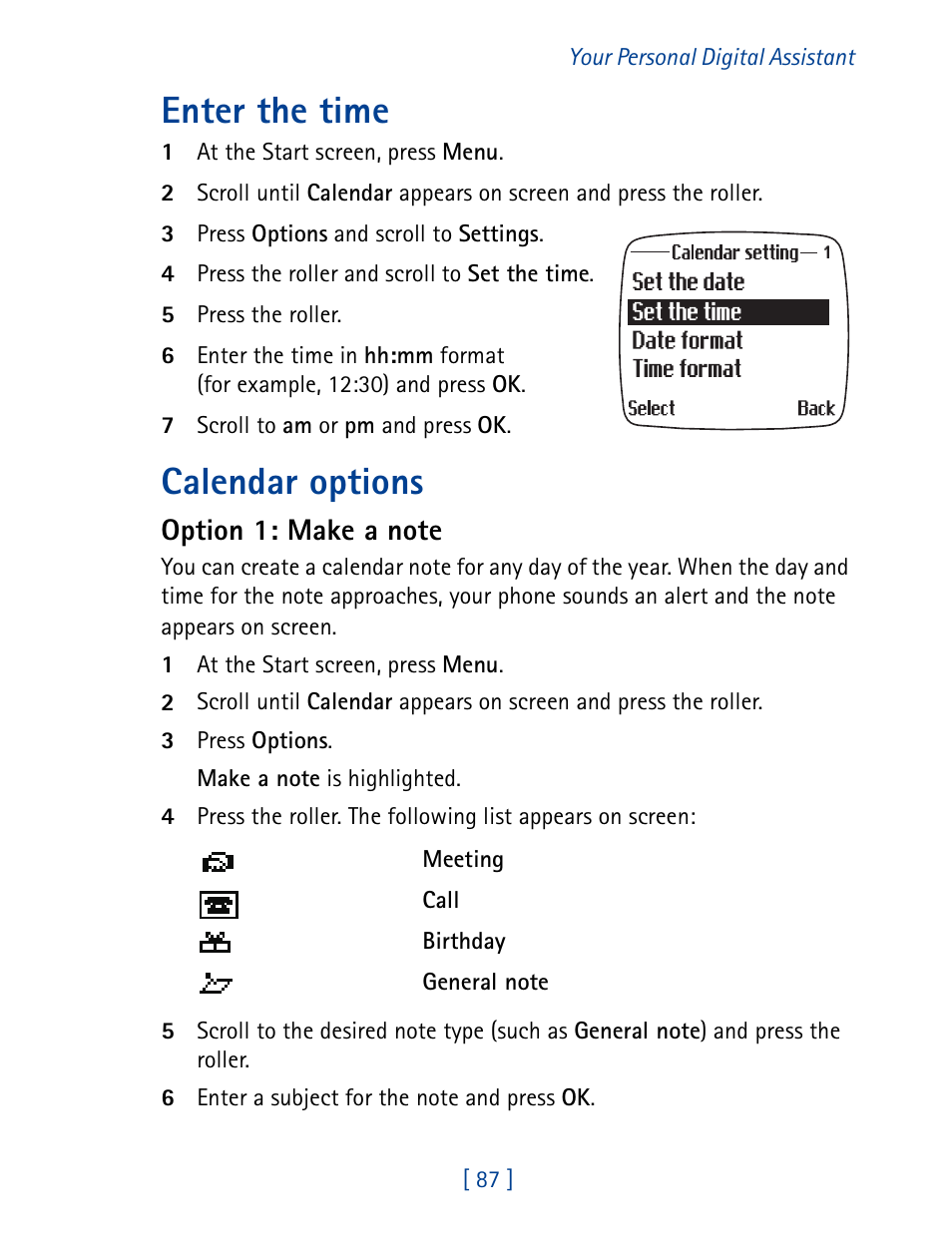 Enter the time, Calendar options | Nokia 7190 User Manual | Page 95 / 144