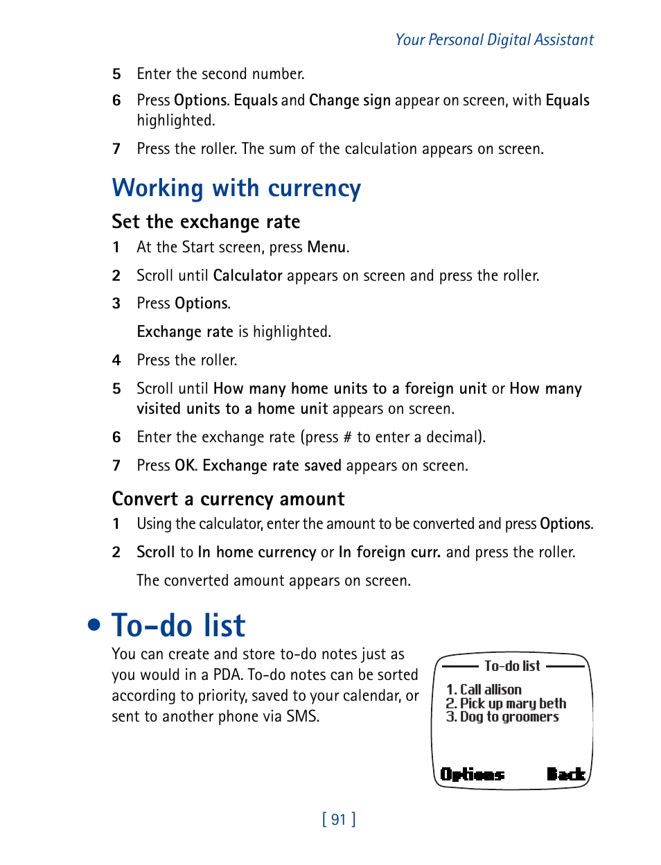 To-do list, Working with currency, Set the exchange rate | Convert a currency amount | Nokia 7190 User Manual | Page 99 / 144