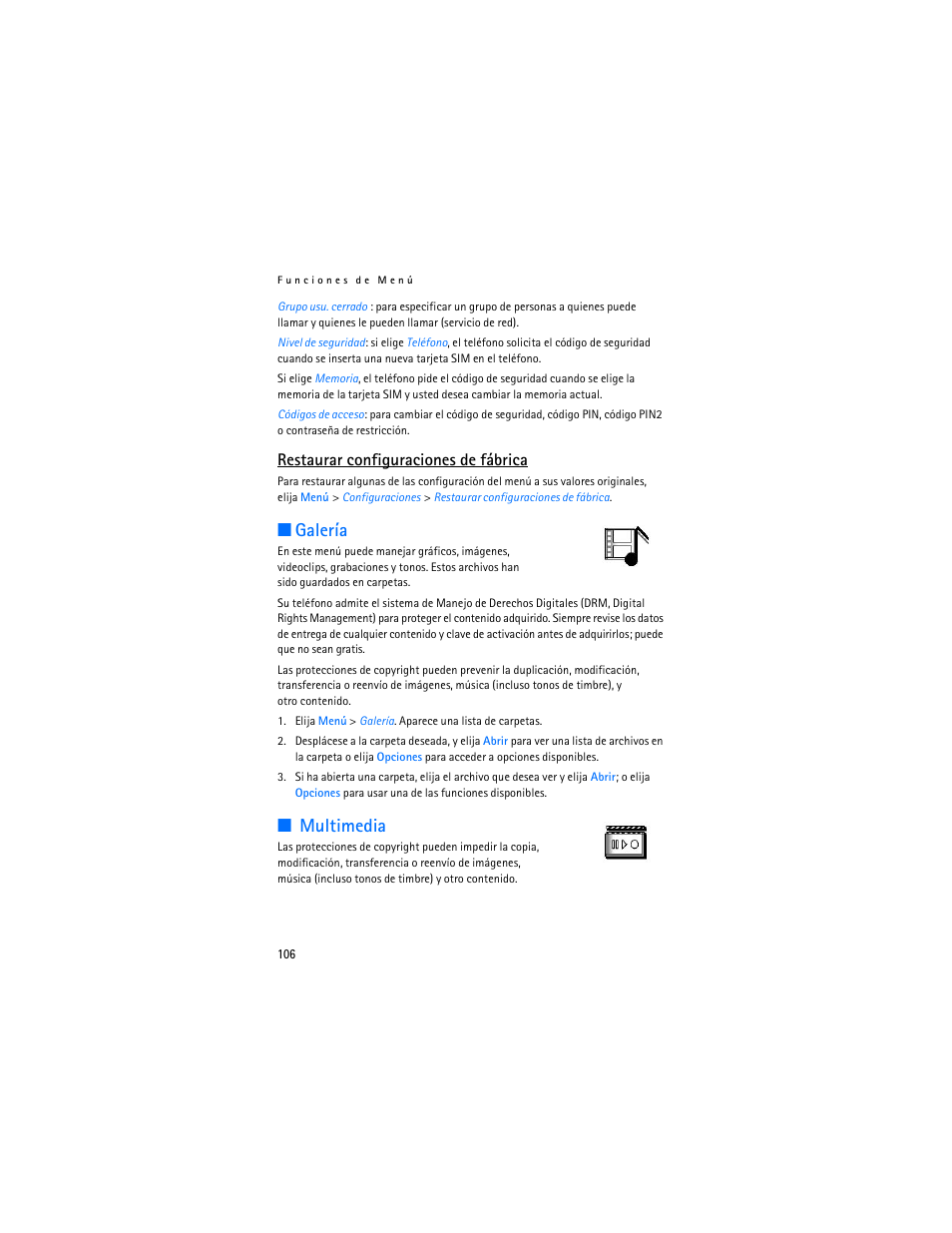 Galería, Multimedia, Galería multimedia | Restaurar configuraciones de fábrica | Nokia 7380 User Manual | Page 107 / 137