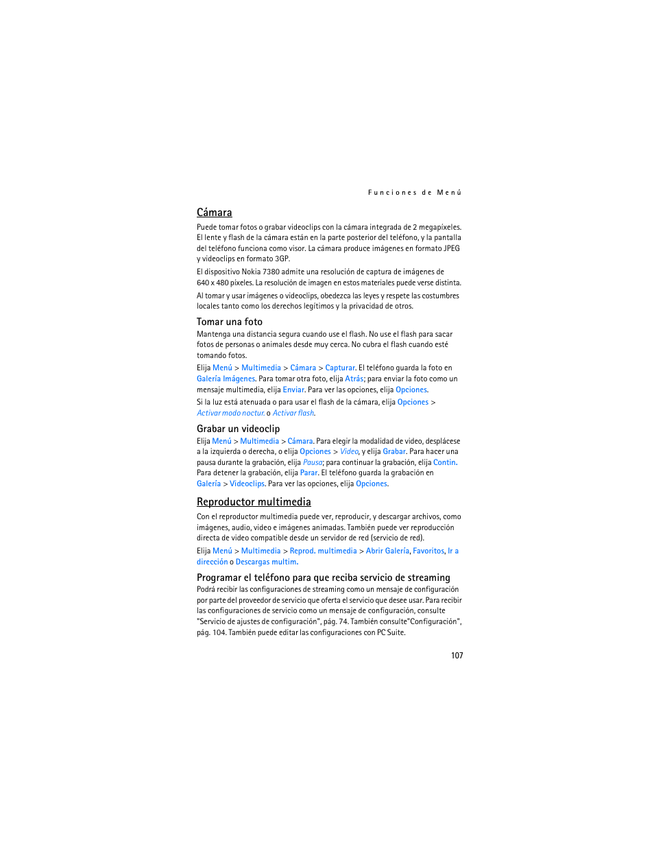 Cámara, Reproductor multimedia | Nokia 7380 User Manual | Page 108 / 137