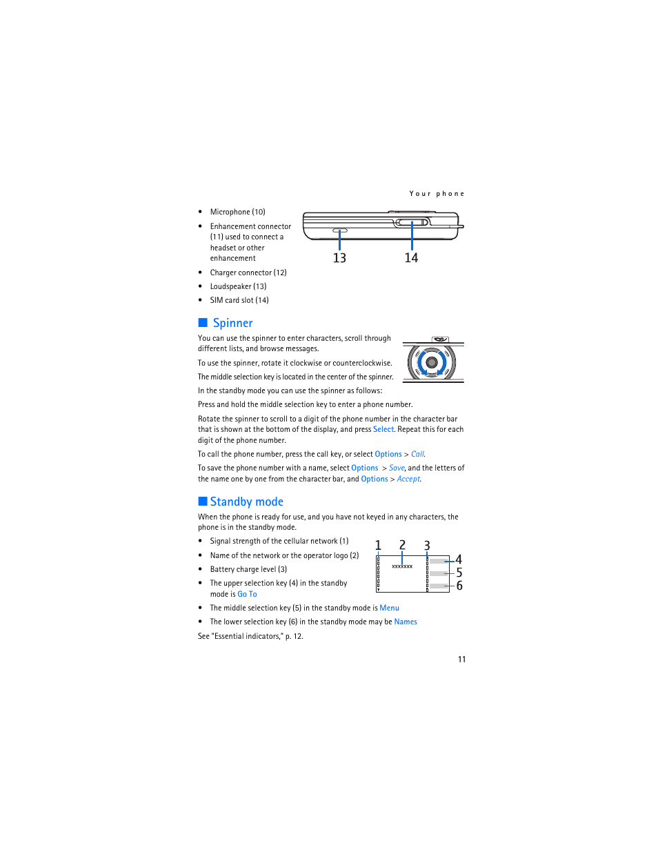 Spinner, Standby mode, Spinner standby mode | Nokia 7380 User Manual | Page 12 / 137