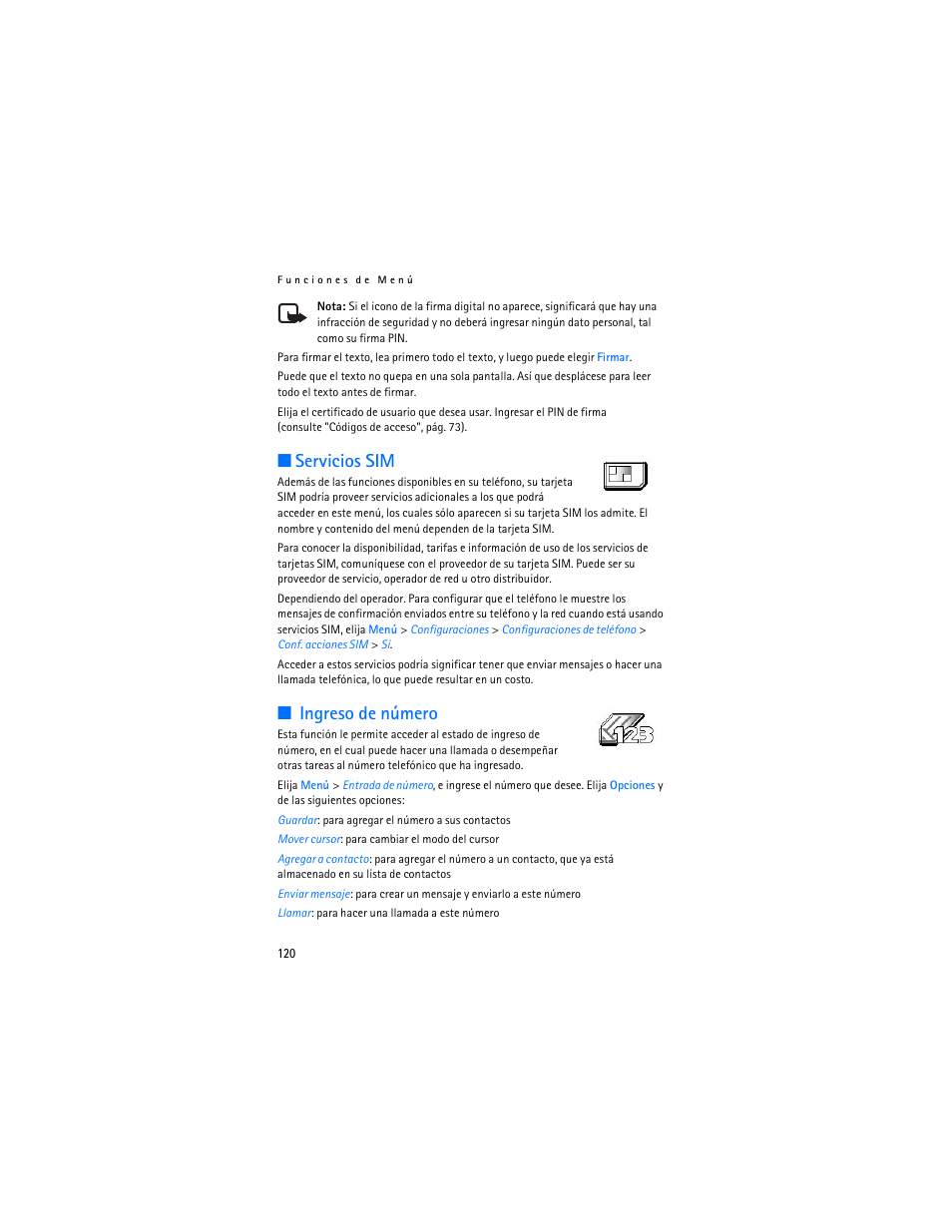 Servicios sim, Ingreso de número, Servicios sim ingreso de número | Nokia 7380 User Manual | Page 121 / 137