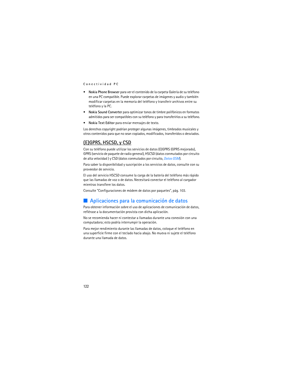 Aplicaciones para la comunicación de datos, E)gprs, hscsd, y csd | Nokia 7380 User Manual | Page 123 / 137