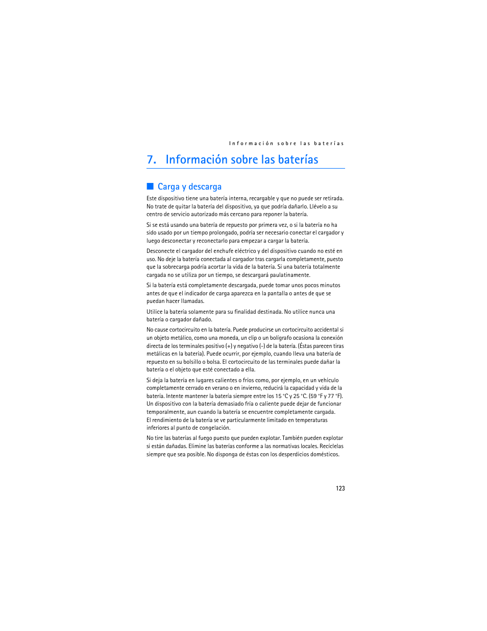 Información sobre las baterías, Carga y descarga | Nokia 7380 User Manual | Page 124 / 137