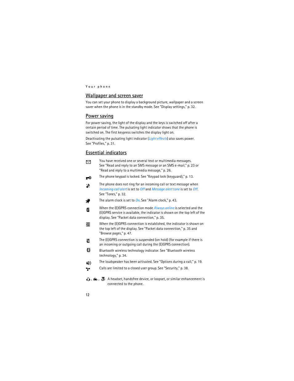Wallpaper and screen saver, Power saving, Essential indicators | Nokia 7380 User Manual | Page 13 / 137