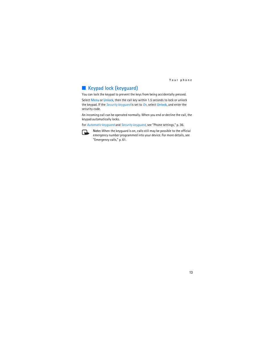 Keypad lock (keyguard), Keypad lock (keyguard)," p. 13 | Nokia 7380 User Manual | Page 14 / 137