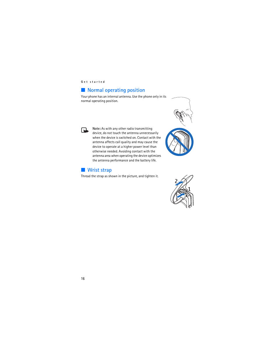 Normal operating position, Wrist strap, Normal operating position wrist strap | Nokia 7380 User Manual | Page 17 / 137