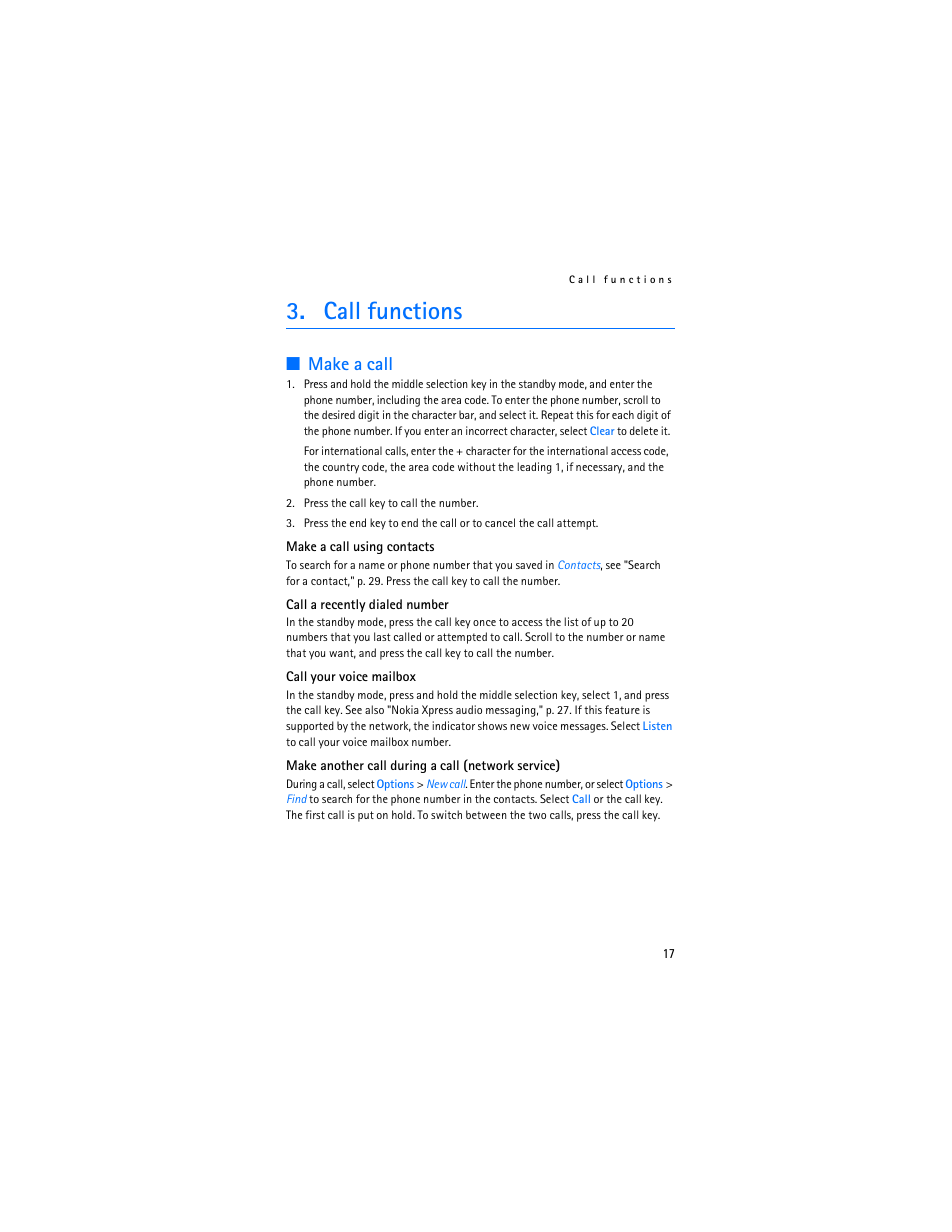 Call functions, Make a call | Nokia 7380 User Manual | Page 18 / 137