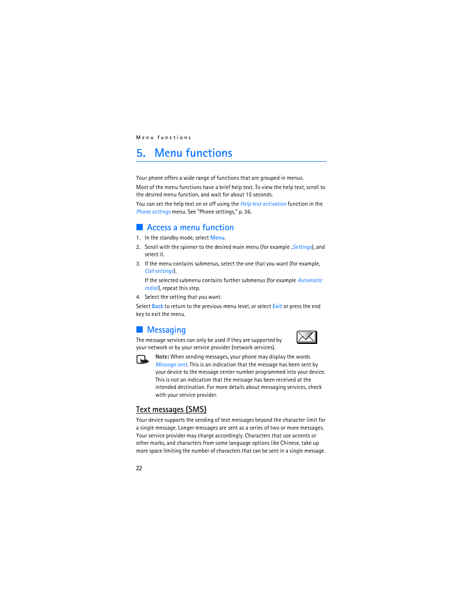 Menu functions, Access a menu function, Messaging | Access a menu function messaging, Text messages (sms) | Nokia 7380 User Manual | Page 23 / 137