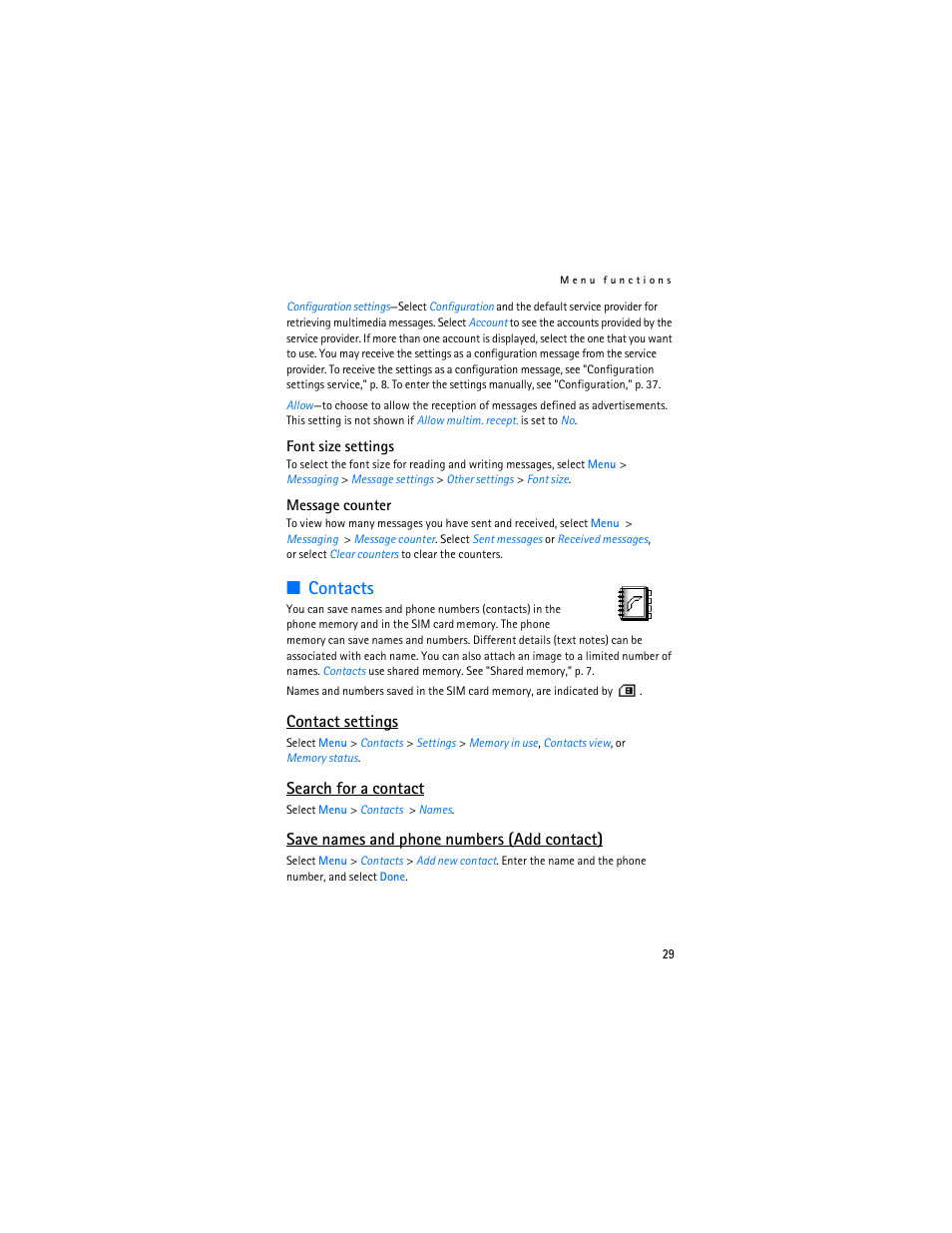 Contacts, Contact settings, Search for a contact | Save names and phone numbers (add contact) | Nokia 7380 User Manual | Page 30 / 137
