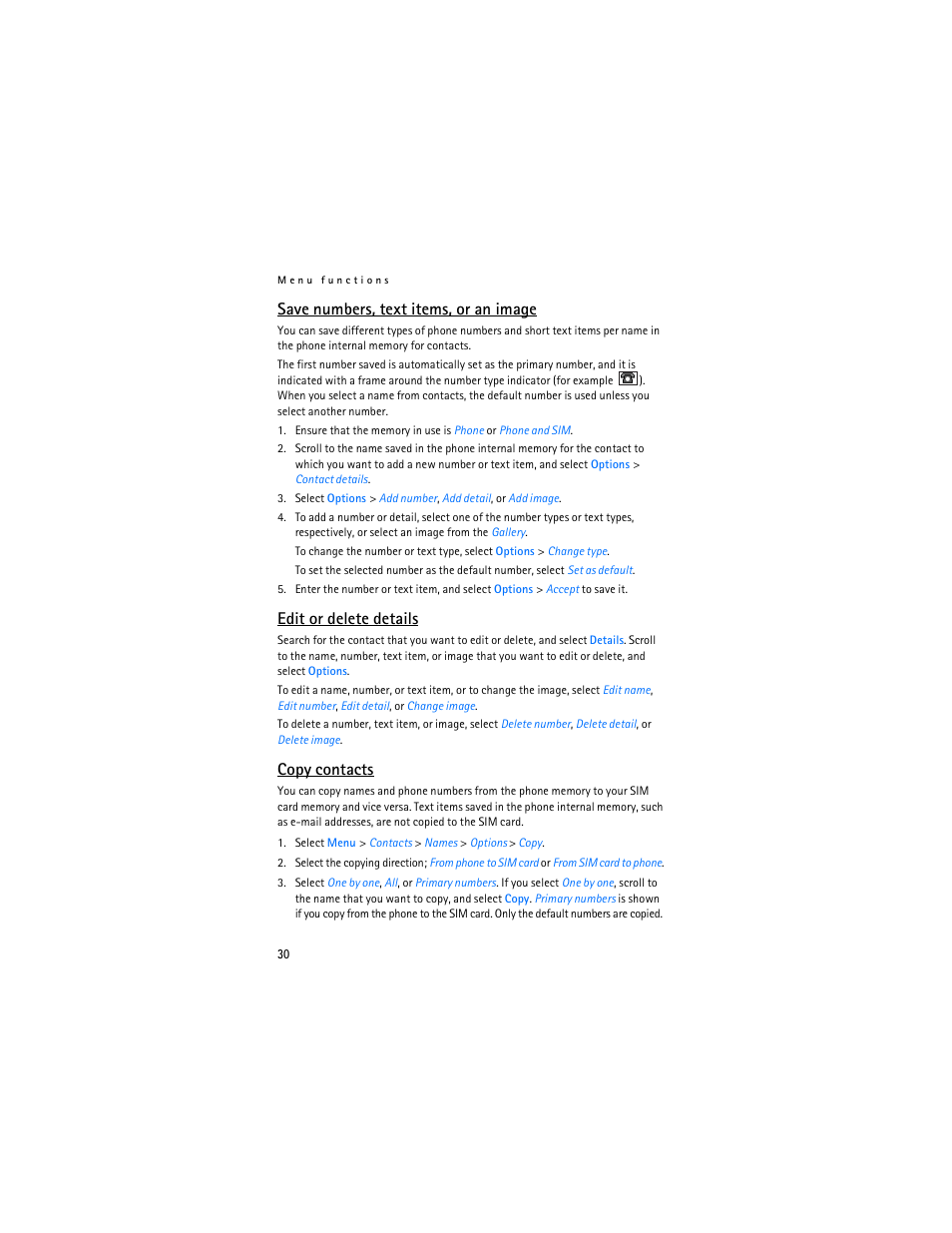 Save numbers, text items, or an image, Edit or delete details, Copy contacts | Nokia 7380 User Manual | Page 31 / 137