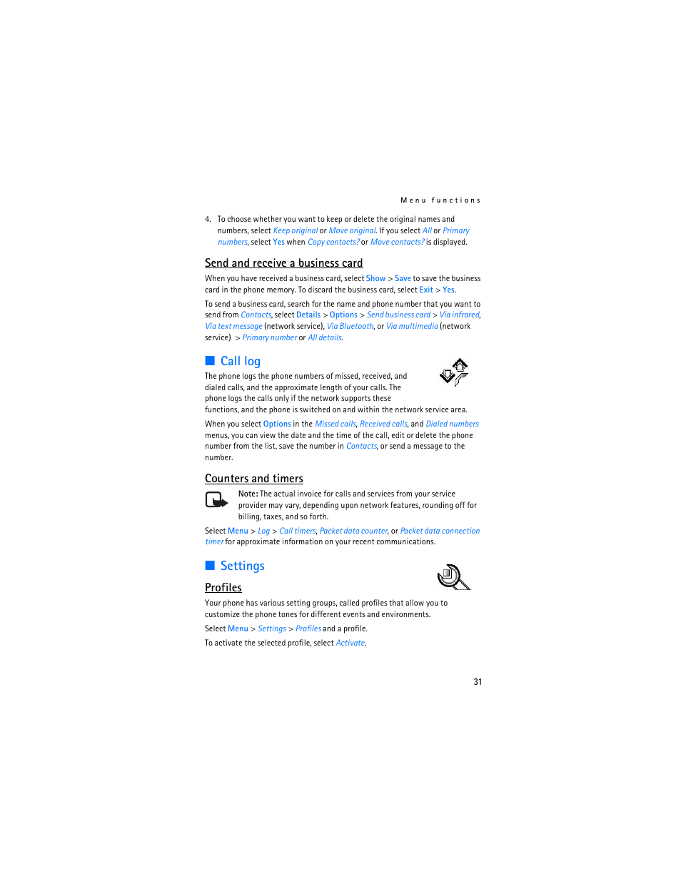 Call log, Settings, Call log settings | E "profiles," p. 31, Send and receive a business card, Counters and timers, Profiles | Nokia 7380 User Manual | Page 32 / 137