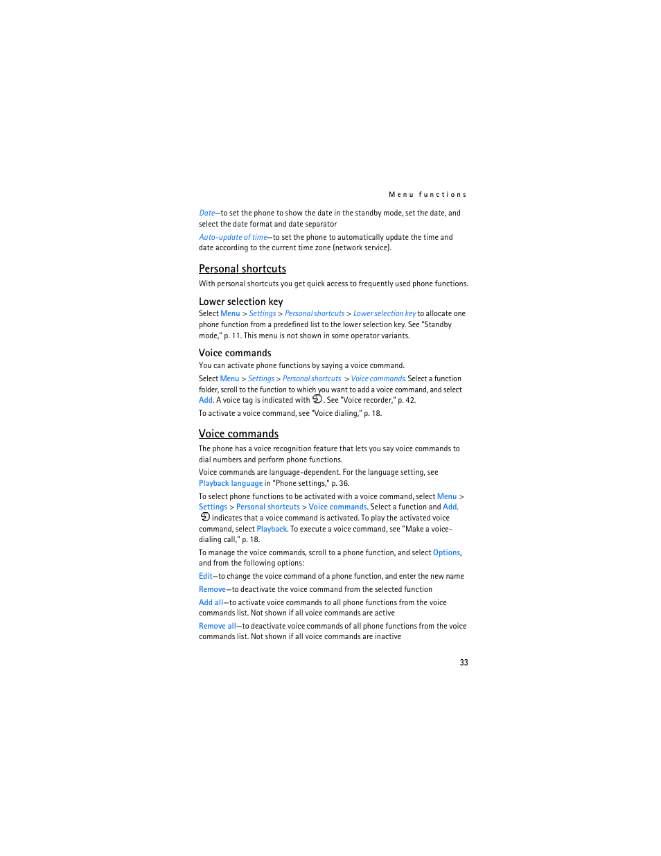 Personal shortcuts, Voice commands | Nokia 7380 User Manual | Page 34 / 137