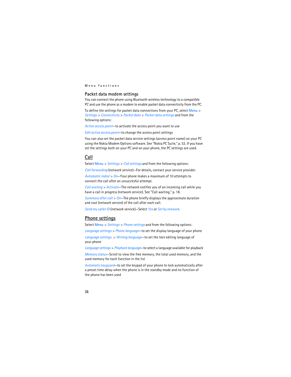 Phone settings," p. 36, Call, Phone settings | Nokia 7380 User Manual | Page 37 / 137