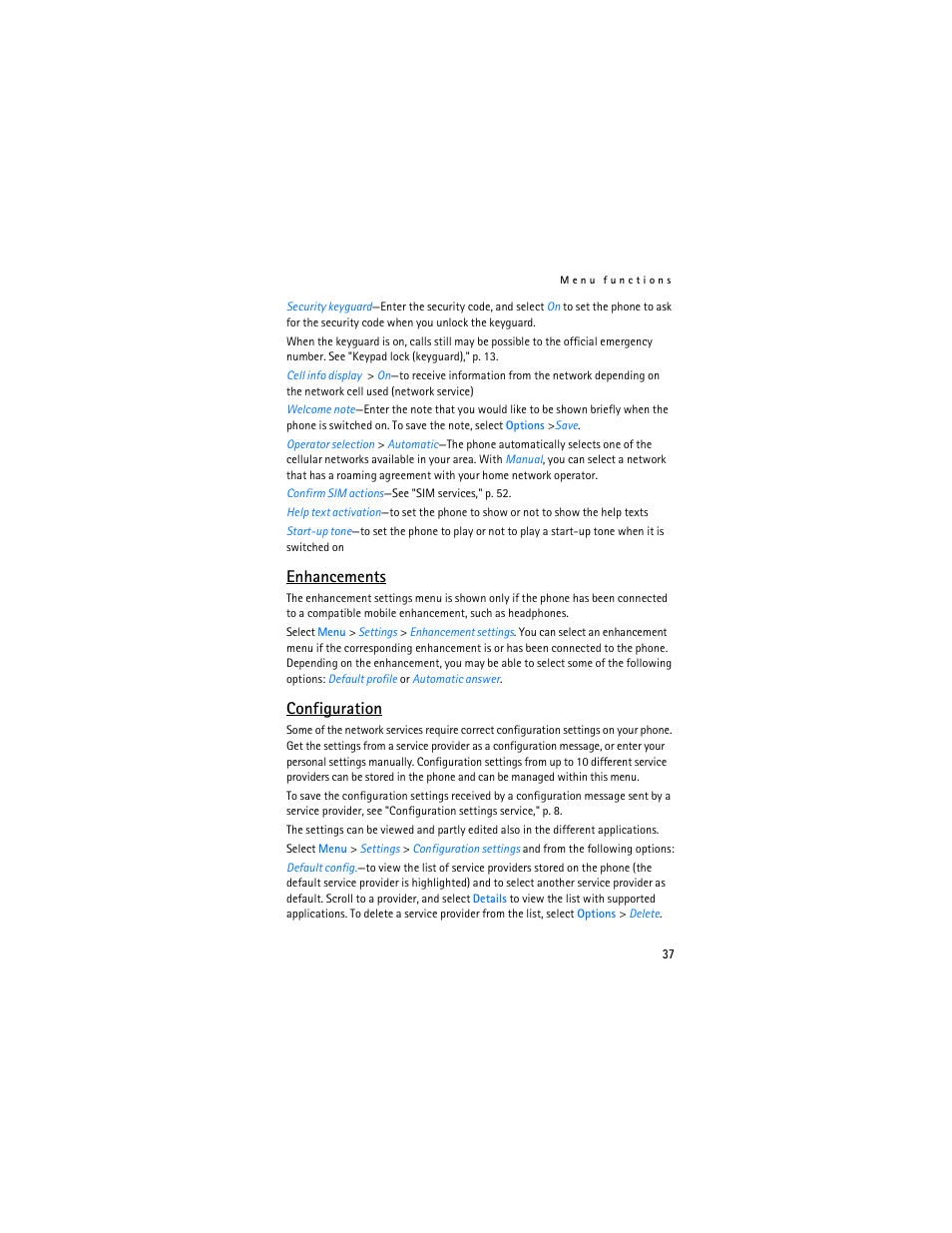 Enhancements, Configuration | Nokia 7380 User Manual | Page 38 / 137