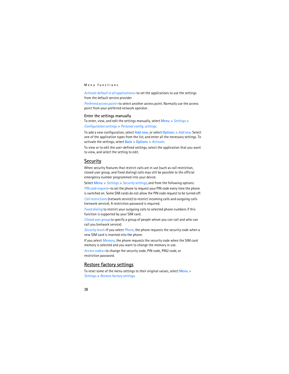 Security," p. 38, Security, Restore factory settings | Nokia 7380 User Manual | Page 39 / 137